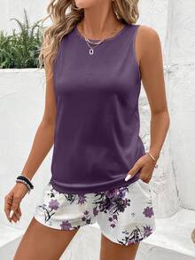 EMERY ROSE Plus Size Women's Casual Purple Round Neck Tank Top & Floral Print Shorts 2-Piece Set, Suitable For Summer - Multicolor - View 3