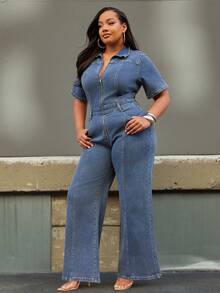 NYA SZN Denim Plus Short Sleeve Jumpsuit,Cotton Dusky Blue Summer Casual Everyday Fitted Contrast Stitch Teacher Concert Festival Business Elegant Luxury - Medium Wash - View 6