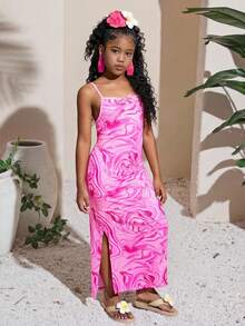 SHEIN 年轻女孩休闲街头时尚针织几何印花吊带开衩裙 - 玫紅色 - 查看 1