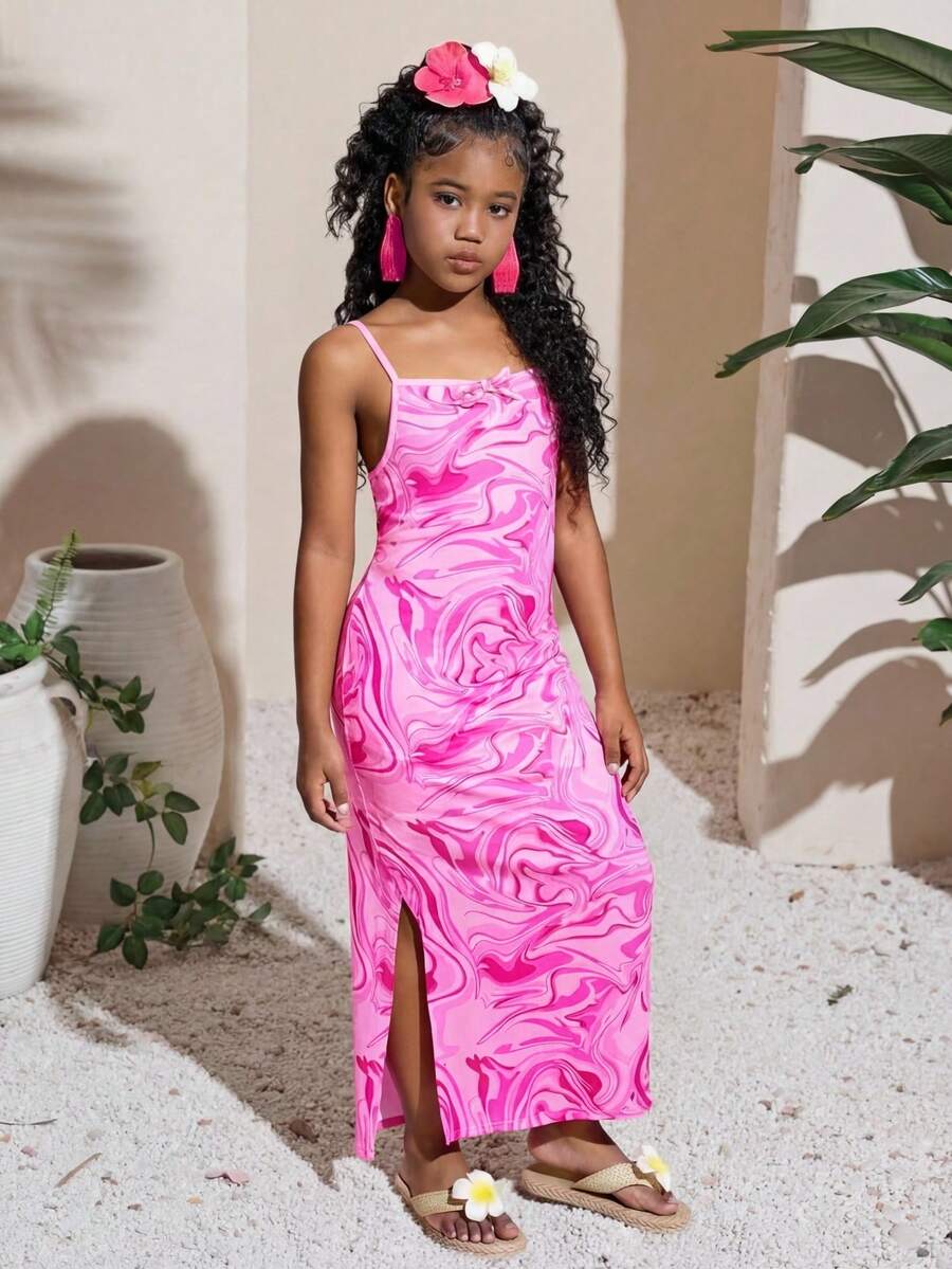 SHEIN 年轻女孩休闲街头时尚针织几何印花吊带开衩裙 - 玫紅色 - 查看 1