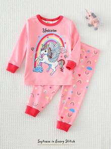 Cozy Pixies Bộ đồ ngủ ôm sát cho bé gái, họa tiết kỳ lân hoạt hình dễ thương phát sáng trong bóng tối, áo tay ngắn cổ tròn bằng vải dệt kim mềm mại và quần legging cạp chun, 2 món. - Hồng - Xem 9