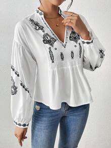 SHEIN LUNE Women's Shirred Graphic Print Long Sleeve Button Shirt Peplum Top - Black - View 4