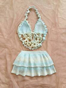 Soleia Conjunto de top halter de punto con volantes y falda midi de punto con doble volante para mujer - Multicolor - Ver 2