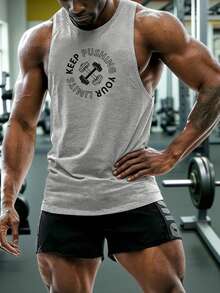 GymBeat Letter & Graphic Print Round Neck Fashionable Sports Tank Top, Summer - Light Grey - View 4