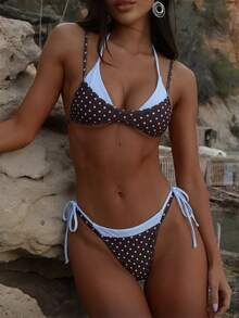 Swim Mod 2026春夏新款时尚波点印花吊带+纯色挂脖上衣+撞色侧边抽绳泳裤三件套性感露背比基尼泳衣套装（女款） - 彩色 - 查看 1