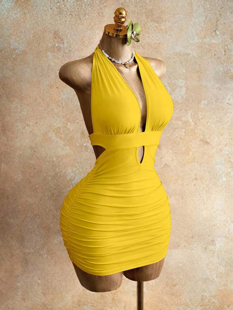 BamGlimmer Women's Simple Solid Color Halter Backless Ruched Bodycon Dress,  Summer | SHEIN EUR
