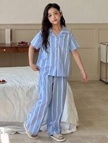 Dazy Kids 少女条纹长袖上衣和裤子家居服套装，秋夏季 - 藍色 - 查看 6