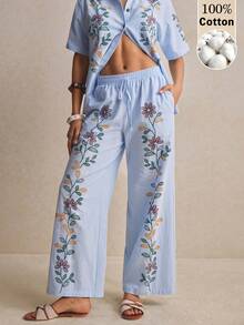 Poéselle Women's 100% Cotton Floral Wide-Leg Pants,Light Blue Boho Elastic-Waist Lounge Trousers Embroidered Palazzo Summer Beach Vacation Holiday Autumn - Blue - View 2