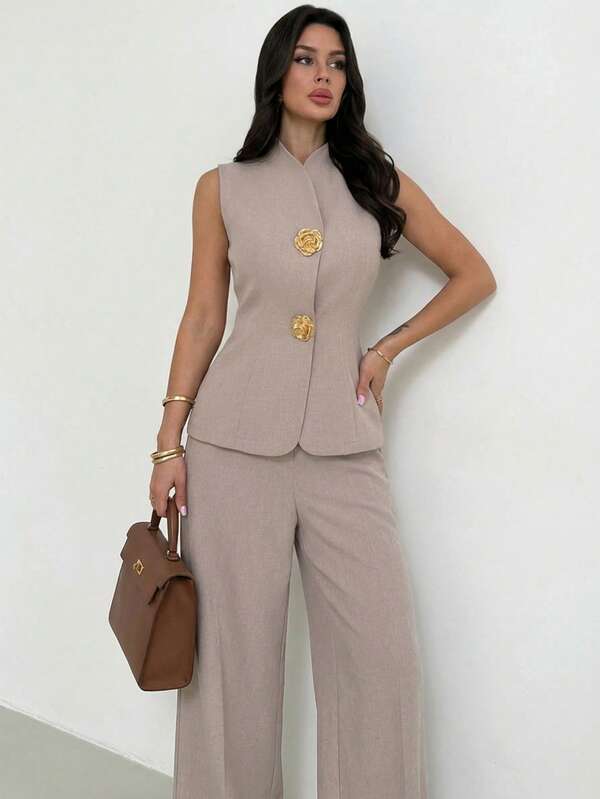 Firerie Women's Spring/Summer New Elegant Linen Bamboo Knot Round Neck Cinched Waist Button Shirt And High Waist Straight Wide Leg Pants Set, Linen Daily Commute Vacation Outfit, Commute, Elegant, Casual, Work Attire