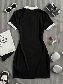 Tween Girl Casual School Daily Black & White Contrast Color Collared Snug Fit Dress With NY Print - Black and White - View 2