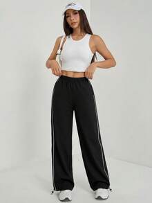 SHEIN Tall Y2K街头风百搭阔腿裤，低腰抽绳腰带撞色滚边裤 - 黑色 - 查看 5