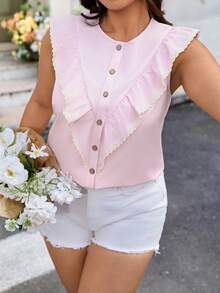 Breezaya Plus Size Women's Woven Regular Early Spring Elegant Comfortable Date Sleeveless Ruffle Trim Floral Contrast Blouse In Pink - Pink - View 3