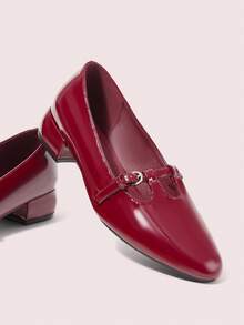 CUCCOO DOLLMOD Ladies Round Toe Patent Leather Burgundy Date Wear Mary Jane College Style Daily Versatile Afternoon Tea Wear Low Heel High Heel Shoes - Burgundy - View 2