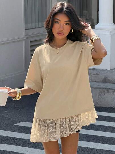 Muchica 女士时尚新款杏色撞色蕾丝宽松短袖T恤，适合外出、街头风、Y2K时尚、夏季穿着，杏色蕾丝边饰衬衫