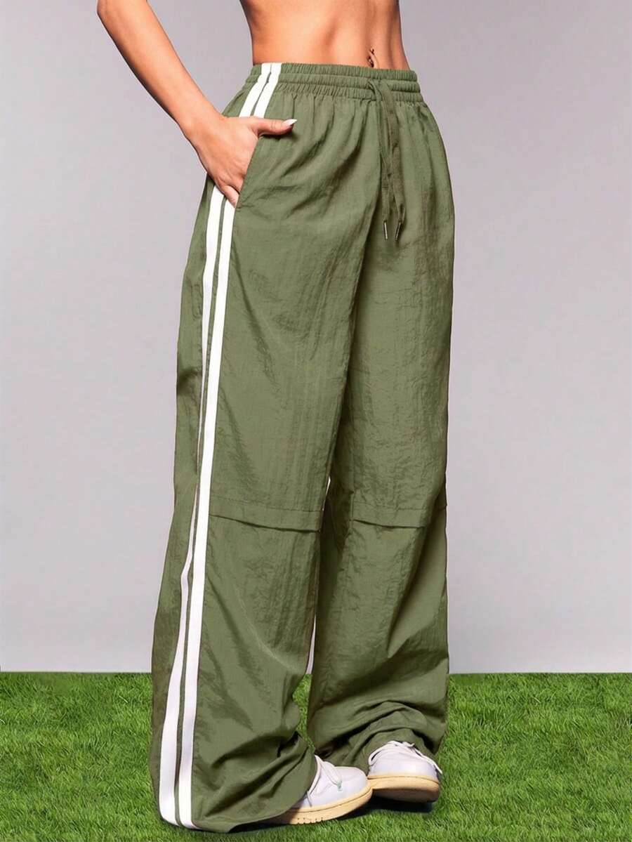 SHEIN Unity Women's Dance Print Drawstring Waist Oblique Pocket Sports Pants - Olive Green - View 1