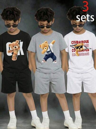 SHEIN 6pcs/Set Young Boys Casual Street Bear Print Round Neck Loose Short Sleeve Knit T-Shirt And Elastic Waist Shorts 3-Piece Outfit Set, Suitable For Commuting, School, Daily Casual, Vacation, Sports, Spring/Summer