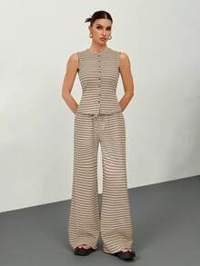 SHEIN Tall 2 piezas Conjunto de top de manga larga con botones delanteros a rayas y pantalones de pierna ancha casuales para mujer, otoño - Multicolor - Ver 7