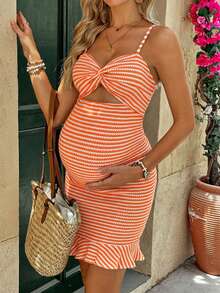 Vestido de maternidad sin mangas, de rayas, con nudo delantero y recortes, ajustado, para el verano - Naranja - Ver 3