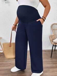 Plussiva 大码孕妇深蓝色阔腿裤，提供孕妇支撑，适合休闲外出穿着。弹性腰带舒适贴合，防止孕期束缚。纯色简约可调节腰围女裤，夏季工作裤，阔腿裤，深蓝色裤子，孕妇裤，孕妇装，休闲裤，孕妇裤，阔腿裤，高腰阔腿孕妇裤，孕妇裤，孕妇装，孕妇套装 - 寶藍色 - 查看 8