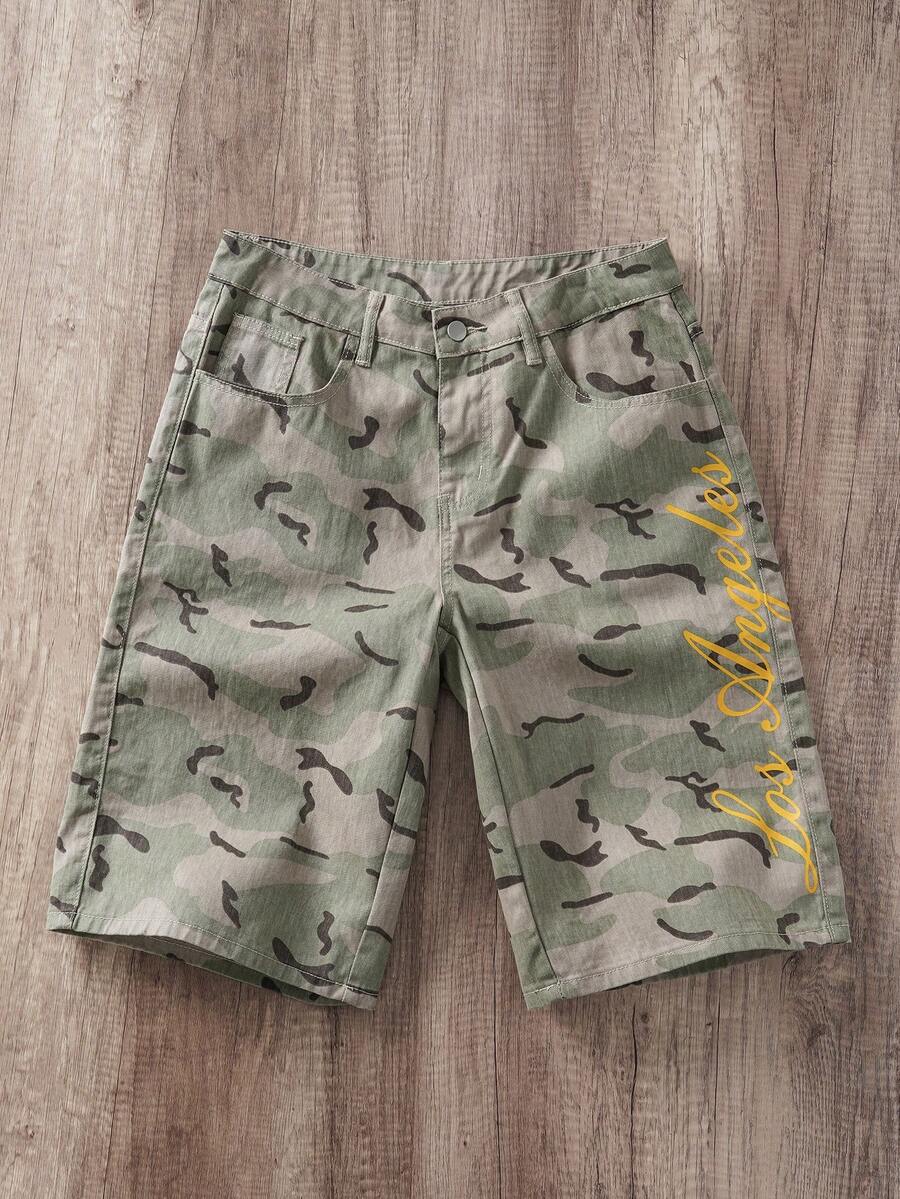 Manfinity Joysei Quần short denim dáng suông rộng rãi, in khẩu hiệu tiếng Anh, phong cách đường phố thường ngày, thích hợp cho mùa xuân/hè. - Nhiều màu - Xem 1