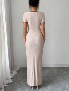 Elenzga 女士优雅浪漫杏色甜心领蝴蝶结腰身短袖修身长连衣裙，春夏款 - 杏色 - 查看 2