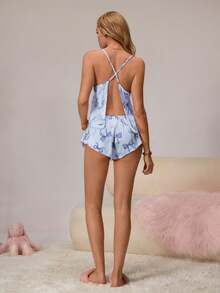 SHEIN 女士吊带交叉露背无袖蝴蝶结印花睡衣套装 - 天藍色 - 查看 3