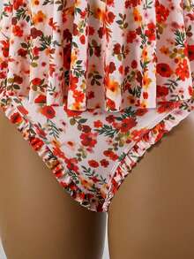 Swim Mod 2pcs/Set Girls' Ribbed Ditsy Floral Ruched Strap Tankini Top And High Waist Ruffled Hem Bikini Bottom Swimwear - Multicolor - View 7