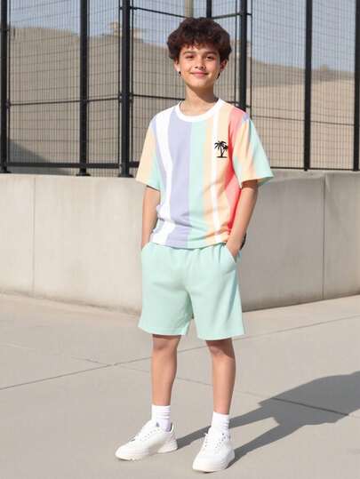 Vacaura 2pcs Boys' Casual Striped & Graphic Print Round Neck T-Shirt And Shorts Set, Suitable For Daily Wear And Outdoor Activities
