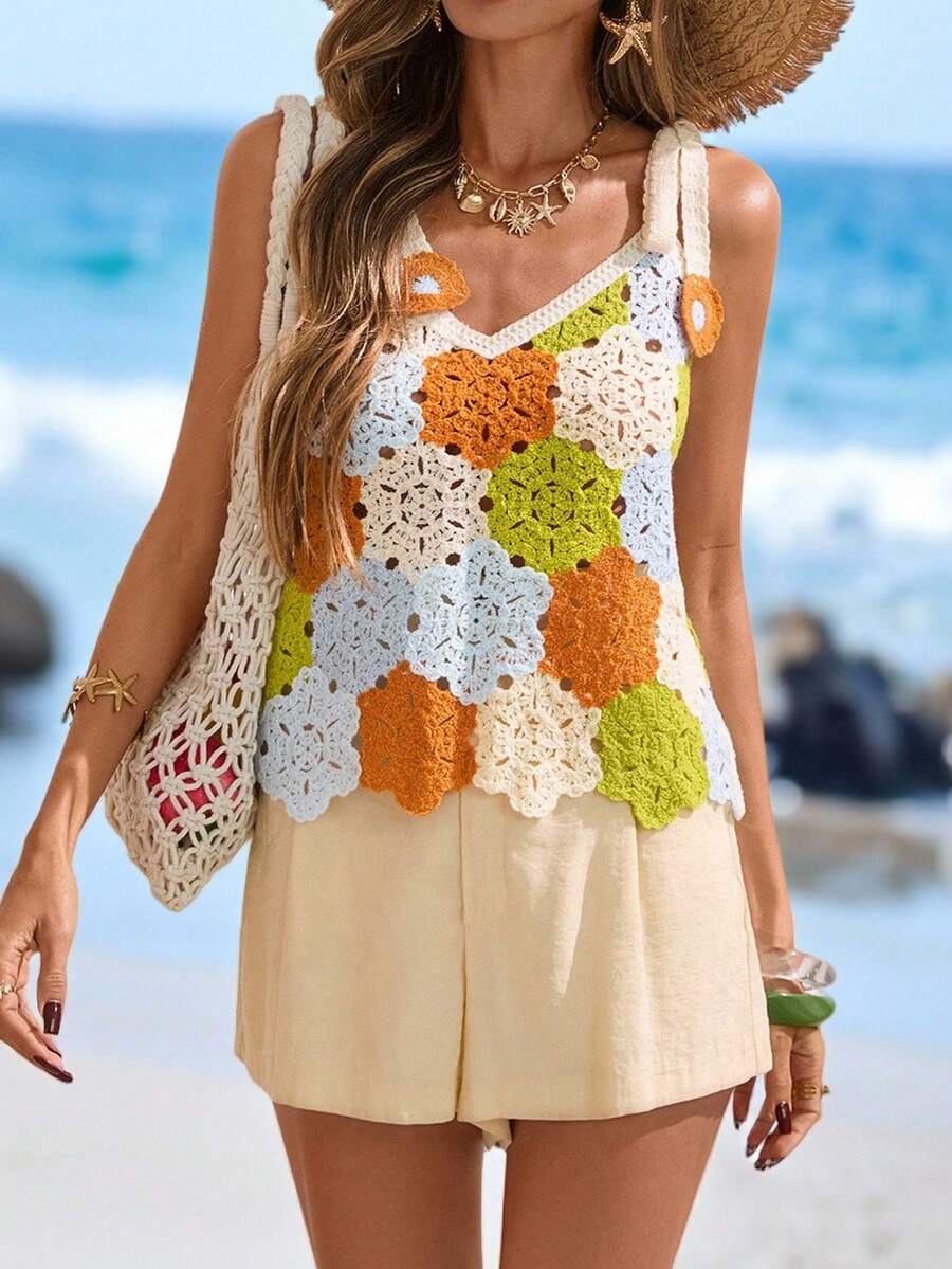 Sylviya Women's Casual Crochet Knit Camisole Top For Vacation Summer Outfits For Women Summer Top Beach Outfits For Women Casual Dresses For Women  Casual Blouse For Women Vacation Outfits Women Summer Holiday Outfits Beach Vacation Outfits For Women Beach Going Out Tops Women Cruise Outfit For Women Crop Tops Women Summer Tops For Women Sweaters For Women Vacation Tops Hawaii Outfits Women - Multicolor - View 1