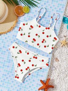 SHEIN 女童休闲可爱复古樱桃印花修身吊带背心和三角比基尼泳衣套装，适合夏季休闲度假，#Coconutgirl，可爱夏季外出穿搭，夏季儿童单品，夏季外出装备，韩版风格，返校季，返校节，复古风 - 彩色 - 查看 2