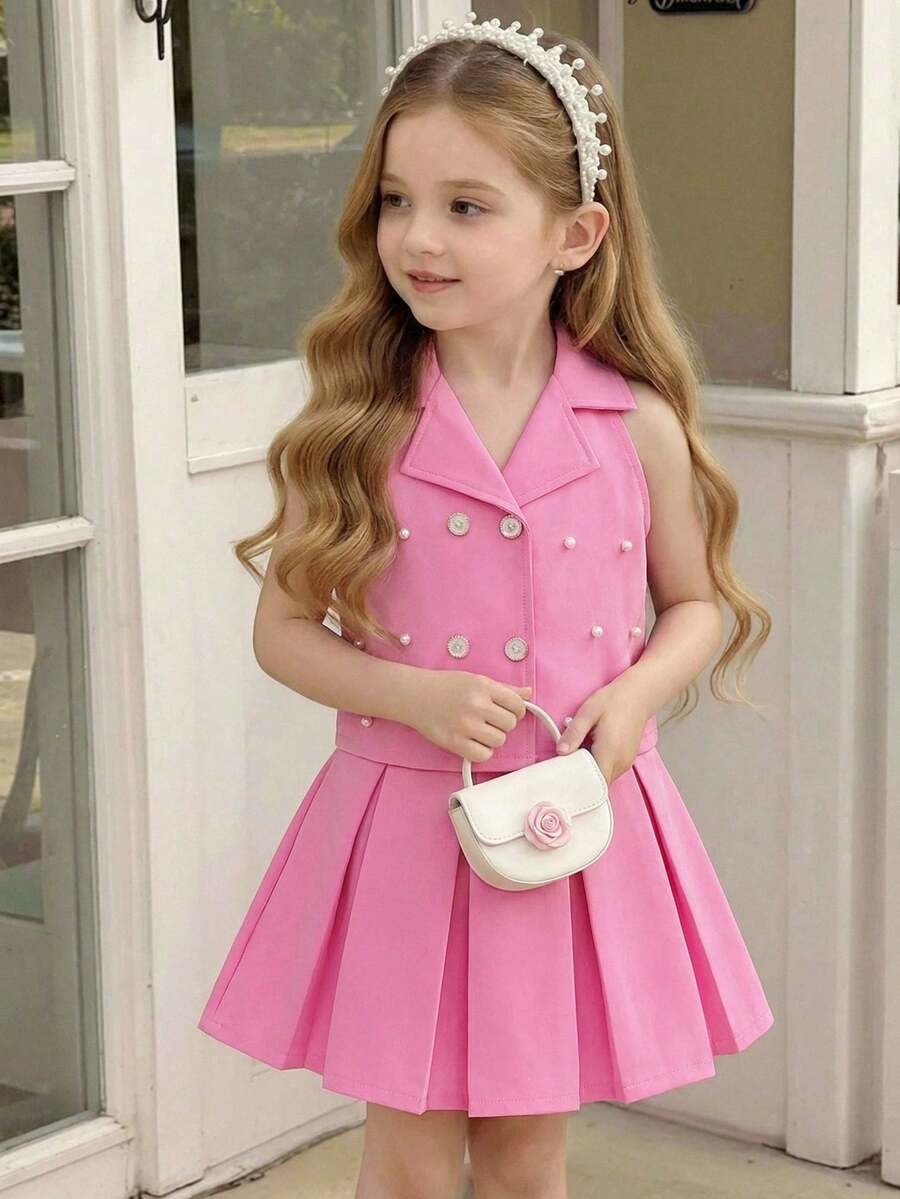 Souflis Souflis Conjunto de top corto sin mangas con cuello rosa y falda mini plisada para niñas, diseño exclusivo, elegante y de moda para el verano - Rosa Fucsia - Ver 1