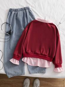 SHEIN 2件組女孩休閒運動風條紋拼接翻領通勤牛仔褲套裝，適合戶外校外校園穿著，白色與藍色，秋季 - 酒紅色 - 查看 3
