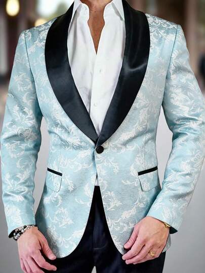 Manfinity AFTRDRK Men's Elegant Jacquard Floral Single-Breasted Suit Jacket, The Round Collar Design Adds More Style And Layering, Suitable For Daily Commute, Business, Party And Banquet Wear. This Suit Set Is An Indispensable Versatile Item In Men's Wardrobe, Making It A Great Gift For Boyfriends Or Husbands Floral Blazer For Men Blue Flowered Men Blazer Prom Blazer Wedding Jacket For Men Light Blue Suit Men,Men Old Money,Daily Leisure, Weekend Trips, Outdoor Activities, Travel Expeditions, Relaxed Work Environments Or Semi-Formal Occasions, Boyfriend/Husband Gift, Anniversary /Birthday Gift Party Summer Vacation Holiday,Wedding,Spring To Summer,Mardi Gras,Elegant Men's Slim Fit Light Blue Flower Pattern Dinner Jacket With Black Satin Collar For Prom Wedding