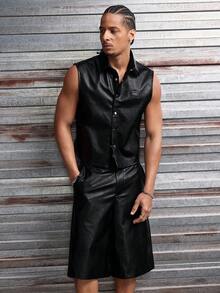 AXEPEAK Men's Fashion Front Button Sleeveless Shirt & Shorts Set, Versatile Summer Outfit - Black - View 4