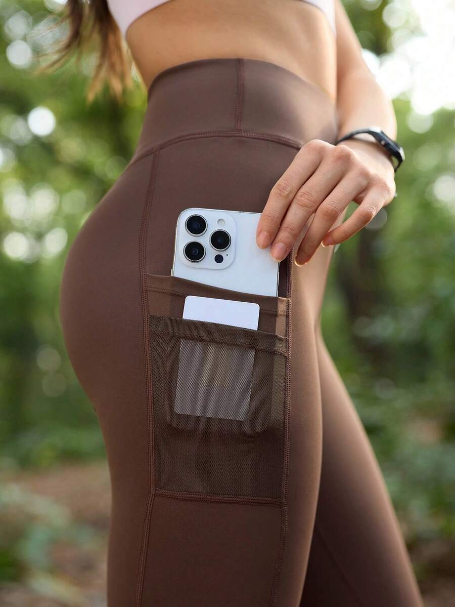 SHEIN In My Nature Women's Outdoor Sports Mesh Patchwork Reflective Pocket Tight Leggings, Coffee Brown - Coffee Brown - View 1