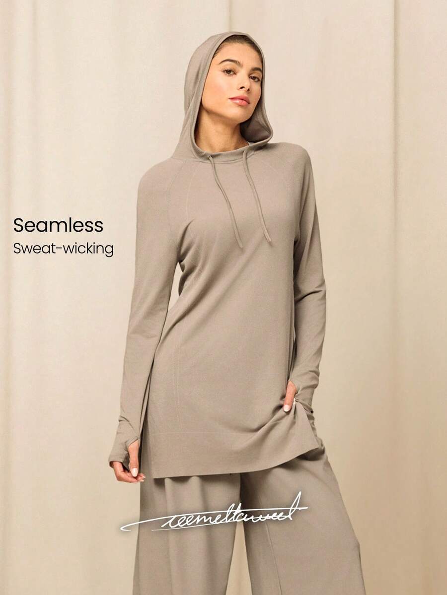 GLOWMODE Ultrafine Soft Seamless Run Your Way Mid-Length Thumbholes Side-Split Hem Seamless Hoodie Medium Impact Training Running Gym Workout Daily Active Wear - Khaki - View 1