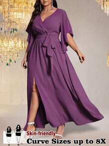SHEIN CURVE+ 大码女式梭织纯色修身V领喇叭袖系带腰部褶皱开衩优雅派对连衣裙 - 淡紫色 - 查看 3