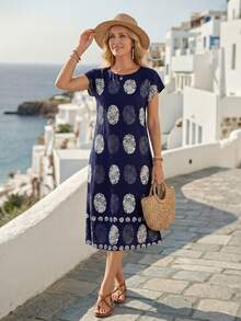 EMERY ROSE 女士圆领全印花夏季短袖连衣裙 - 藏蓝色 - 查看 4