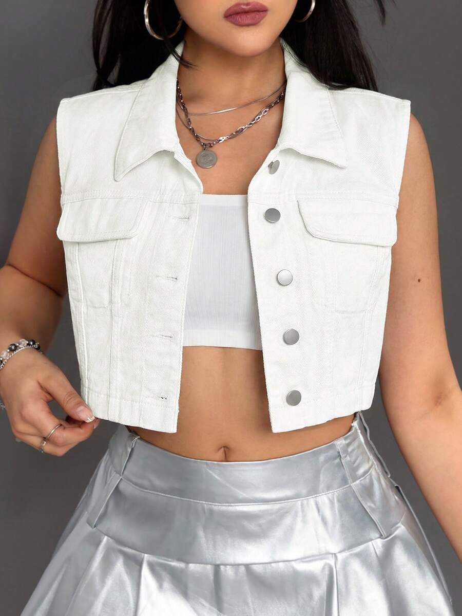 SHEIN ICON Summer Casual Solid Color Cropped Denim Vest - White - View 1