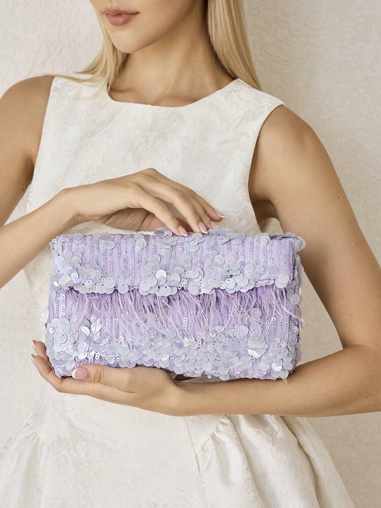 WOMEN'S FASHION SQUARE FAUX FEATHER CLUTCH BAG, VALENTINES, PERFECTLY MATCHING WITH PROM DRESSES, PROM ACCESSORIES,SEQUIN DRESS SPARKLY DRESS