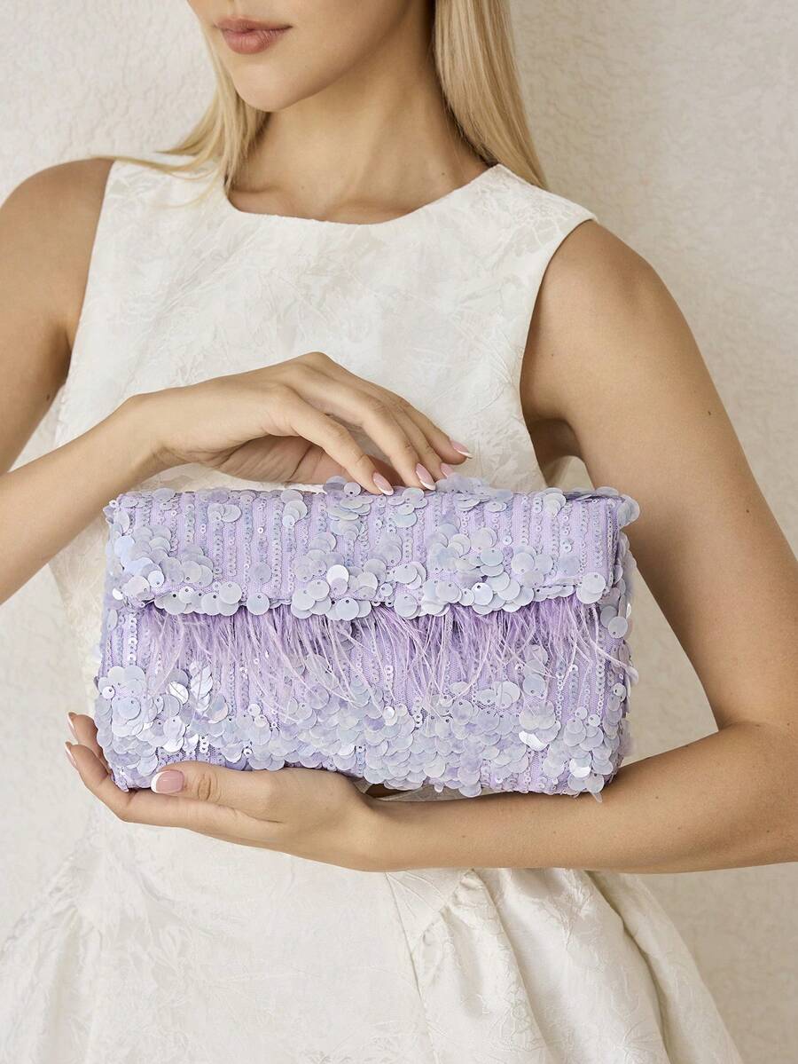 MOTF PREMIUM Túi xách cầm tay vuông giả lông vũ thời trang nữ, thích hợp cho ngày Valentine, phối hoàn hảo với váy dạ hội, phụ kiện dạ hội, váy đính sequin lấp lánh. - Màu tím - Xem 1