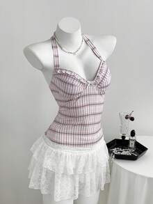 Elamini 女士褶皱蝴蝶结装饰露背吊带背心 - 粉色 - 查看 4