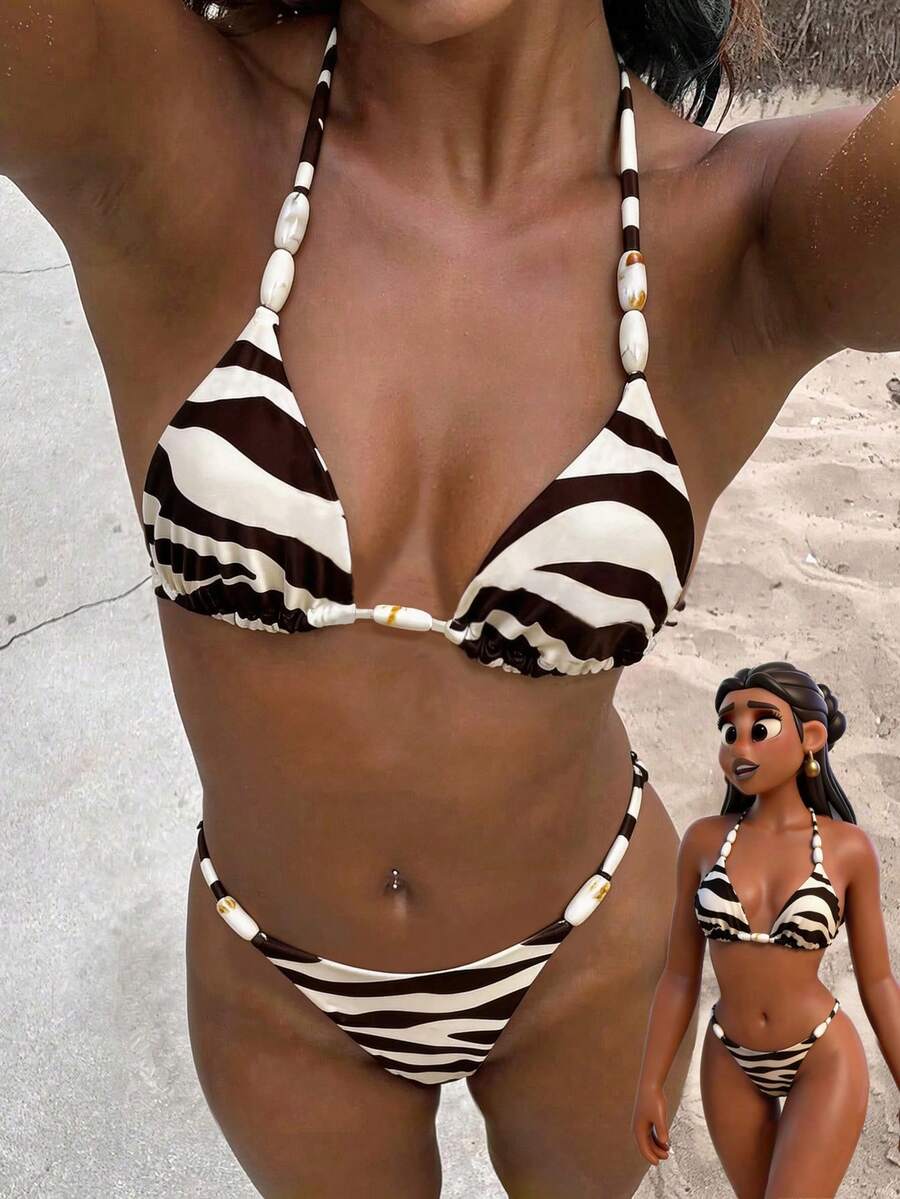 Swim Vcay Conjunto de bikini con collar de cuentas con estampado aleatorio para mujer, primavera/verano - Multicolor - Ver 1