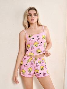 LOONEY TUNES X SHEIN Women's Cartoon Print Camisole And Shorts Pajama Set, - Pink - View 4