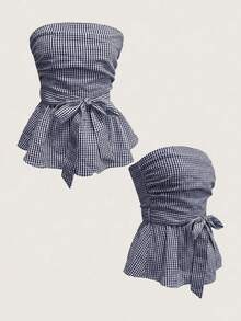 Pariaura Multi-Color Checkered Ruched Tube Top With Adjustable Bow Tie – Cropped Waist-Cinching Sleeveless Blouse - Navy Blue - View 3