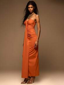 MUSERA Slinky Extreme Ruched Draped Fitted Strapless Bandeau Maxi Dress Spring Summer Elegant Vacation Holiday Ibiza Club Occasion Sexy Evening Wedding Guest Sunset Kiss - Orange - View 3