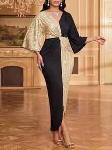 SHEIN Lady Vestido largo elegante de mujer con parches de lentejuelas y detalle de nudo en la parte delantera, otoño - Multicolor - Ver 4