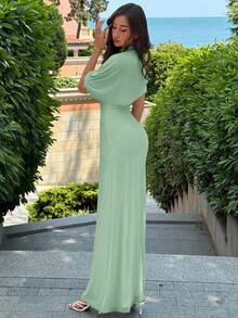 Vestido largo elegante y minimalista con diseño de cintura elástica, multicapa de volantes en la cintura, favorecedora silueta, adecuado para el trabajo, citas, vacaciones - Verde 2 - Ver 3