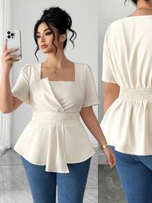 Elenzga 大码女式纯色褶皱不对称下摆休闲百搭日常上衣 - 杏色 - 查看 1