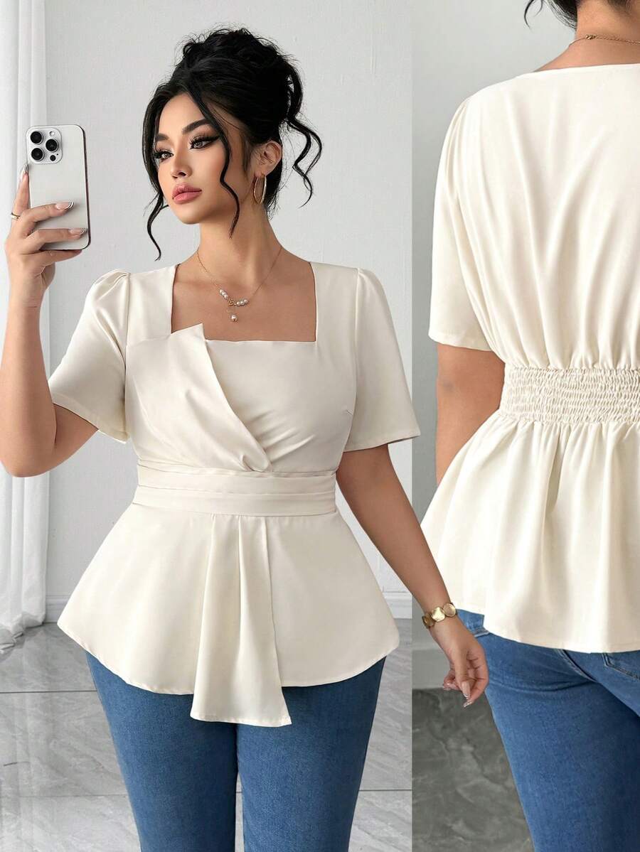 Elenzga 大码女式纯色褶皱不对称下摆休闲百搭日常上衣 - 杏色 - 查看 1